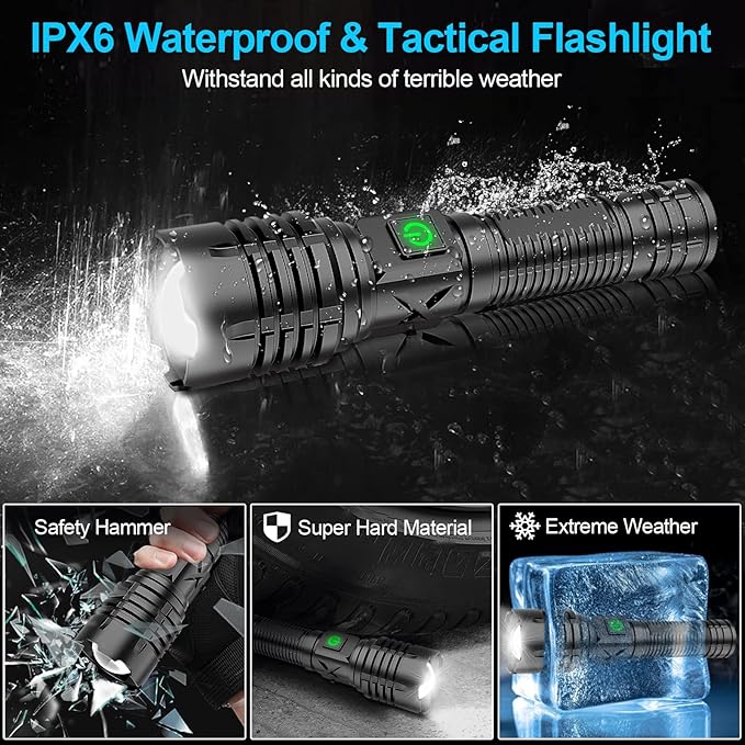 Flashlights High Lumens Rechargeable (Battery Included), XHP70.2 Super Bright LED Flashlight with Holster, Type-C, 5 Modes, Zoomable, IPX6 Waterproof Flashlights for Emergency Camping