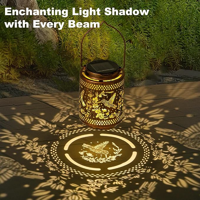 2 Pack Solar Lanterns Outdoor Waterproof Hummingbird and Iris Hanging Garden Lights with Metal Build Decorative Warm Light Solar Lamps for Patio Yard Gifts for Women