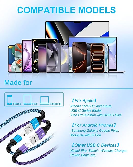 USB C Cable for iPhone Air iPhone 17e 17 Pro Max 17pro 17 16e 16 16pro 15 Pro/Plus, 2pack Woven USB to Usbc Fast Charging Cable, Android C Type Charger Cord for Car Carplay Apple Power Car Play Wire