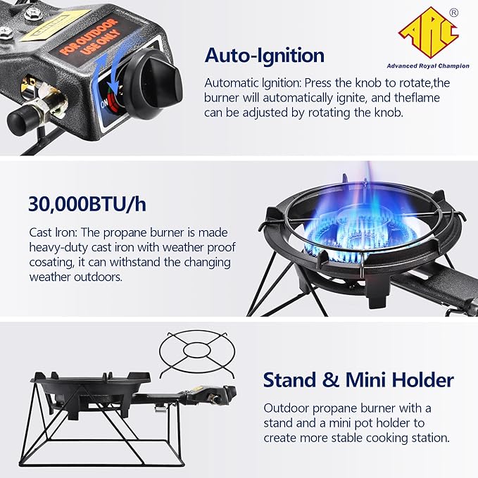 ARC Outdoor Propane Burner Stove, 13" Single Cast Iron Portable With Sturdy Stand, Adjustable Regulator, Stainless Steel Hose - Perfect for Outdoor Wok