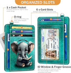 Yonlevres Credit Card Holder Slim Wallet, Elephant RFID Wallet Women Front Pocket Small Card Holder, Travel Cute Funny Thin Card Case ID Window PU Leather RFID Blocking Card Organizer Gift Girl Ladies