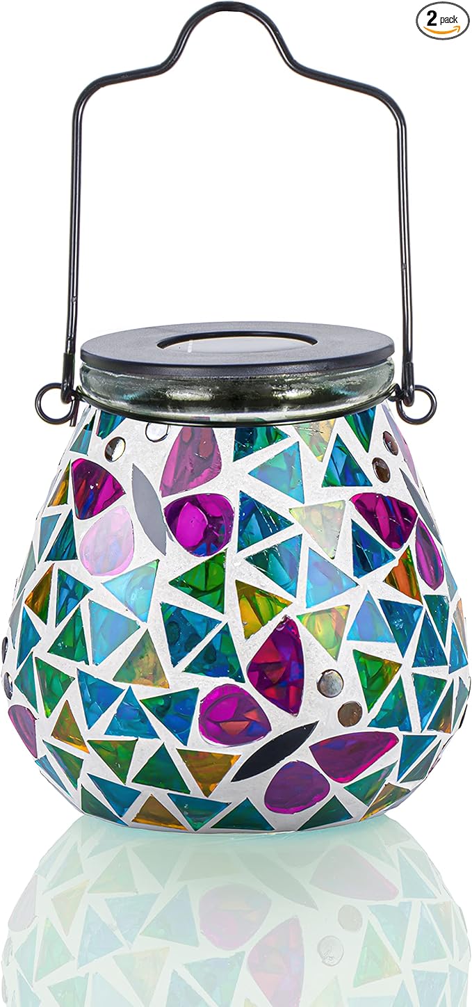 Afirst Mosaic Solar Lanterns - Glass Hanging Lights Butterfly Hollow Out Waterproof Outdoor Decorative for Garden, Patio, Holiday Party Outdoor Decoration, 1 Pack