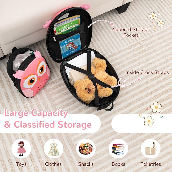 HONEY JOY Kids Luggage, 12” Children Hardshell Backpack & 16” Toddler Travel Rolling Suitcase, 2 Pcs Lightweight Carry On Luggage Set, Kids Luggage with Wheels for Girls & Boys(Pink Owl)