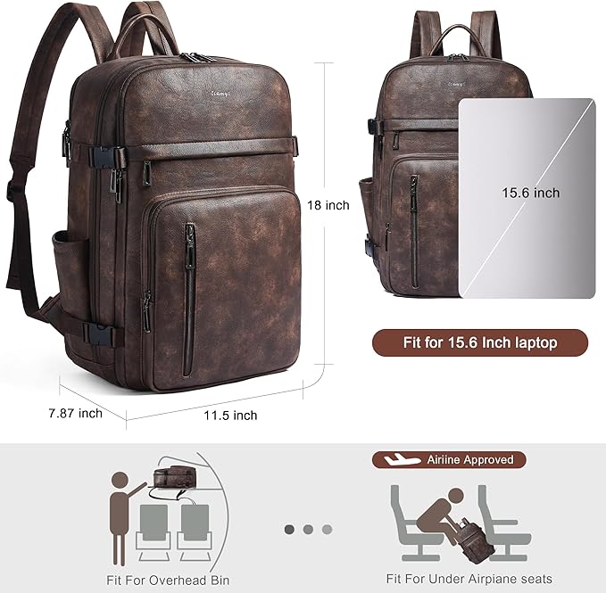 Travel Backpack for Women, Fits 17.0" Notebook, Stylish Lay-Flat Carry-on Vegan Leather Backpack with Luggage Strap for Travel and Daily Use
