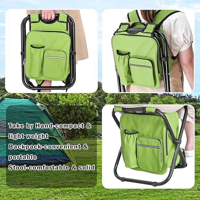 Kikerike Backpack Stool Cooler Chair Heavy Duty 400 LBS Max Load Portable Lightweight Stool Backpack Folding Fishing Cooler Seat for Camping Hunting Fishing - Grass Green