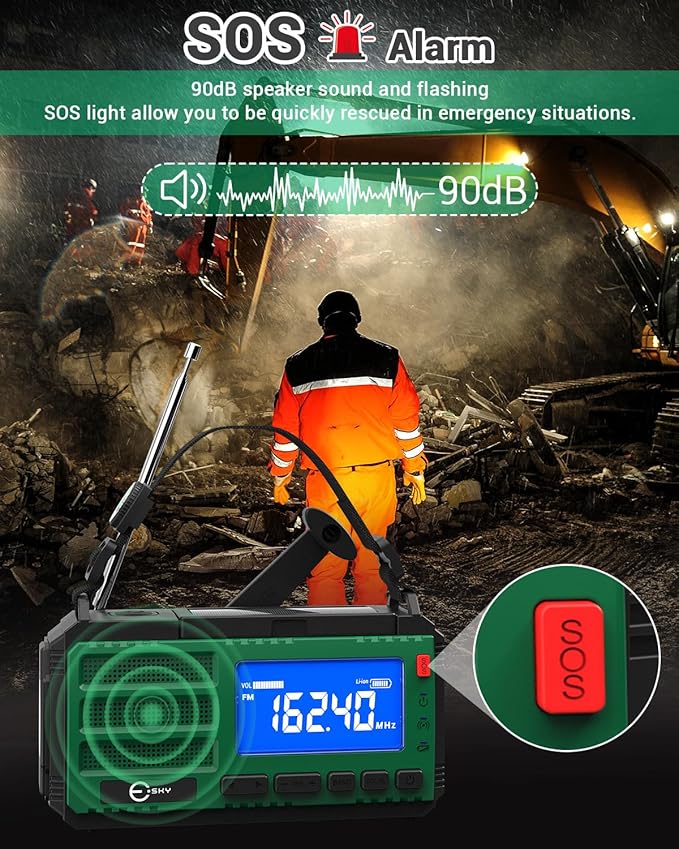 Esky 10000mAh/37000mWh Emergency Hand Crank Radio, AM/FM/NOAA Portable Rechargeable Weather Alert Radio with Flashlight, Compass Reading Lamp, Solar Powered for Outdoor Camping Survival Gear