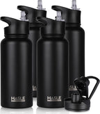 HASLE OUTFITTERS 32 oz Insulated Water Bottle Stainless Steel Double Walled Vacuum Sports Water Bottle with 2 Lids (Straw and Spout Lid) for Gym Camping Hiking(Black,4)
