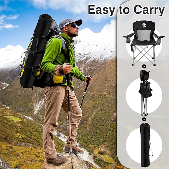 Camping Chair, Portable Folding Outdoor Chair with Arms, Cup Holder and Carry Bag