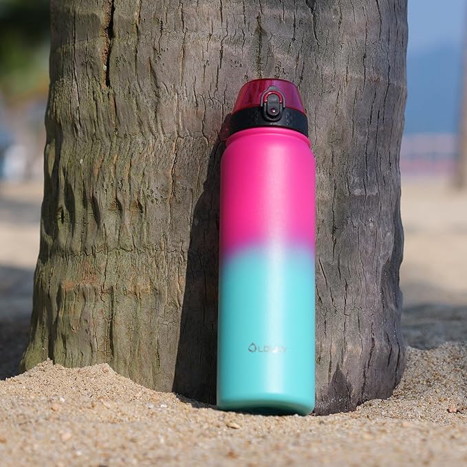 Oldley Insulated Water Bottle 32oz Water Bottles with Straw, Stainless Steel Water Bottle with 3 Lids, Double Wall Vacuum Bottles for Adult, Leak-proof Sports Bottles for School Travel, Rose Red-Green