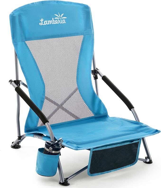 Lamberia Folding Beach Chair for Adults, Portable Low Beach Chairs with 300lbs Capacity, Lightweight Fodable Camping Chair for Travel, Picnic, Concert & Outdoor Activities, Blue