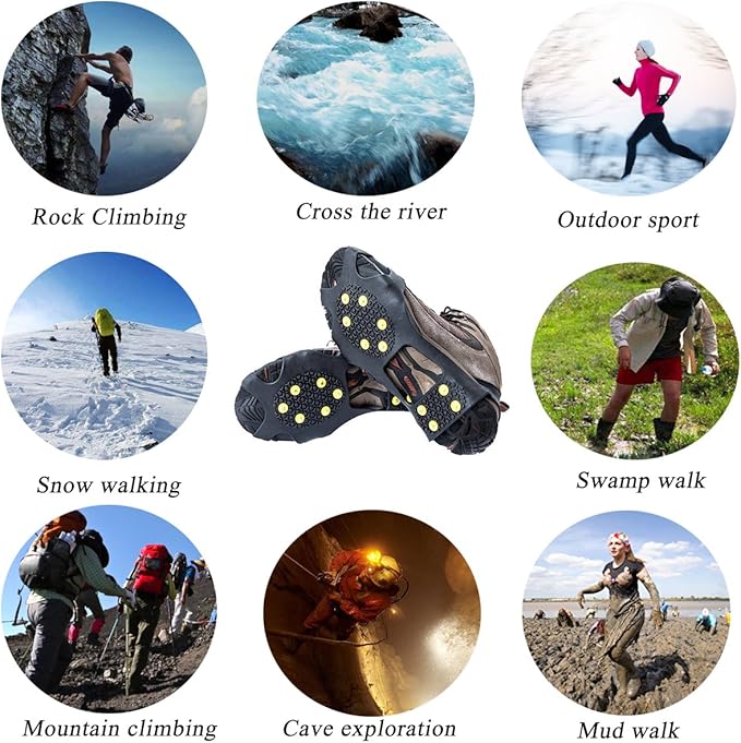 Ice Cleats for Shoes and Boots, Ice Snow Traction Cleats Grippers, Non Slip Shoe Ice Grippers,10 Steel Rubber Spikes Crampons Anti Easy Slip Studs Crampons Slip-on Stretch Footwear