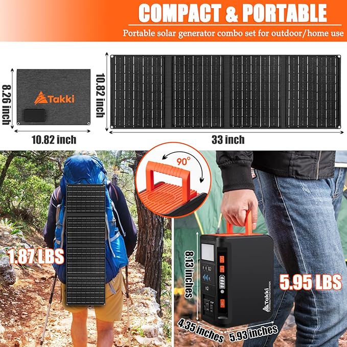 Takki Solar Generator 250W Portable Power Station with 40W Solar Panels 222Wh Pure Sine Wave Camping Lithium Battery Power Bank with AC 110V Outlet for Camping Home Use Emergency Outdoor