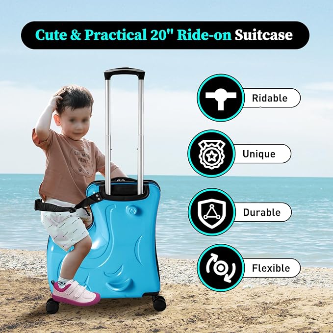 20" Ride-On Travel Suitcase for Kids, Toddler Carry on Luggage with Wheels, Children Travel Rolling Trolly Luggage with Password Lock, Children's Ride On