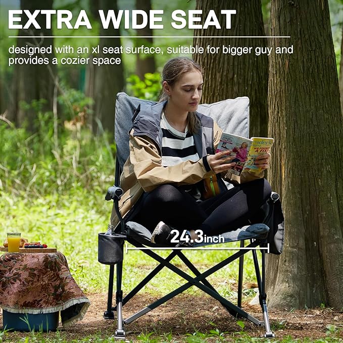 EVER ADVANCED Padded Oversized Folding Camping Chair for Adults, Heavy Duty Lawn Chair with Side Pockets, Portable Collapsible Quad Chair for Outside, Support Up to 500lbs, Grey