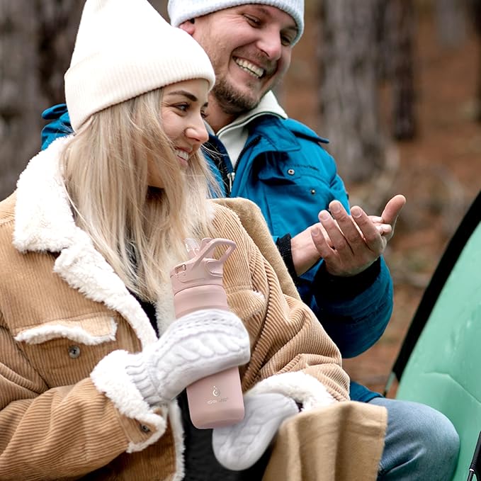 IDEUS Insulated Stainless Steel Water Bottle with 2 Leak-Proof Lids, Thermal Water Flask for Hiking Biking, 24oz, Light Pink