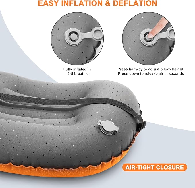 Inflatable Camping Pillow, Travel Blow Up Air Pillow, Neck Lumbar Support Ultralight Compact Pillow for Outdoor Hiking Backpacking Car Beach Airplane Sleeping Essentials, Orange