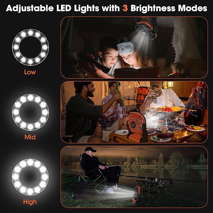 Deller 20400mAh Portable Rechargeable Fan, Tent Fan for Camping with LED Light & Hook, Battery Powered Fans for Beach Travel Treadmill Camping Gear