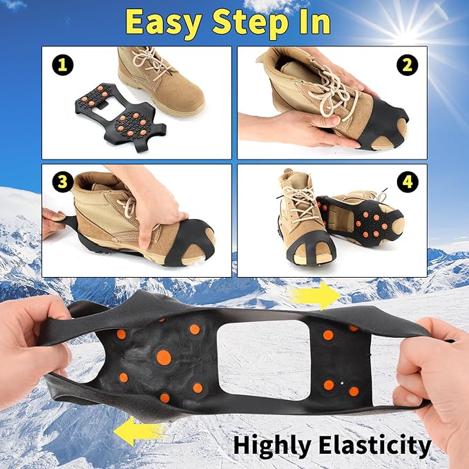 Non-Slip Ice Cleats Snow Grips, Strong Traction Crampons 11 Steel Studs, for Shoes and Boots, Snow Ice Walking