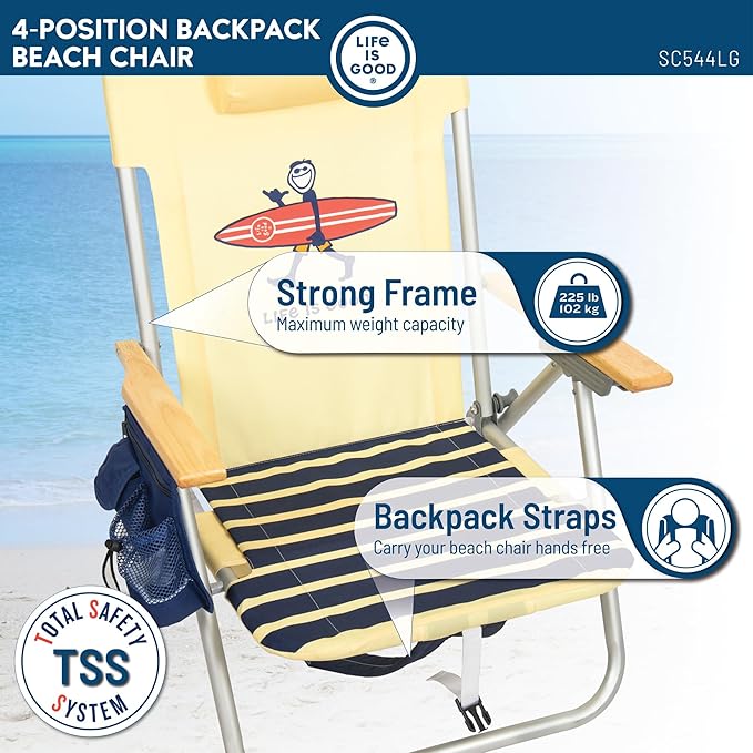 Life is Good 2-Pack 4-Position Aluminum Backpack Beach Chairs, Portable Folding Camp Chairs with Carrying Straps for Camping, Beach, Tailgating, Multi Color
