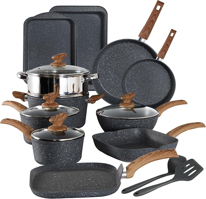 Kitchen Academy Induction Cookware Set-17 Piece Non-stick Cooking Pan Set, Black Granite Pots and Pans Set