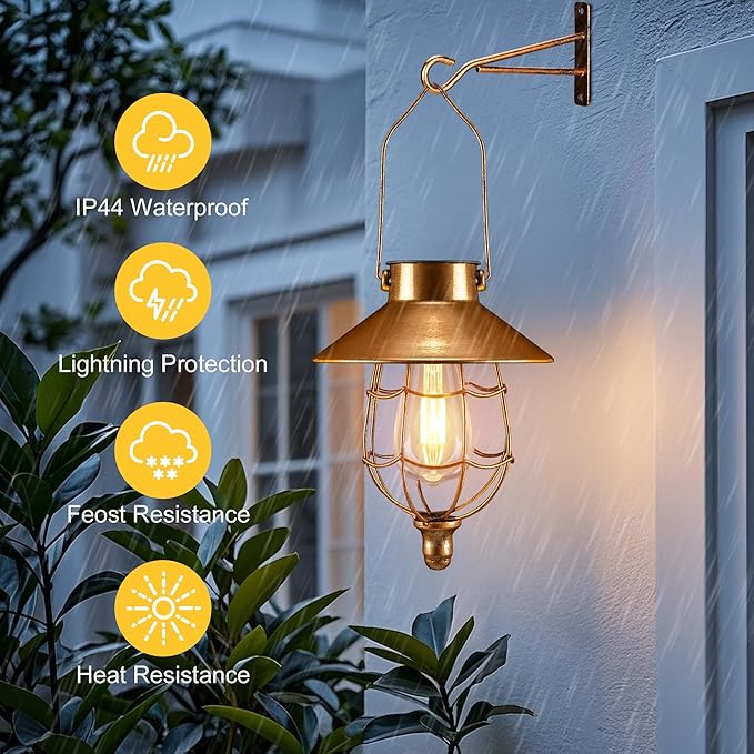 Solar Lanterns Outdoor Hanging Metal Vintage Lantern Warm White Solar Lights lamp Waterproof Edison Bulb Design for Pathway Garden Patio Yard Tree Decoration (2 Pack Copper)