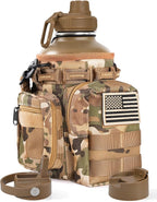 Tactical Half Gallon Water Bottle with Straw, 64 oz Insulated Water Jug with Molle Sleeve, Stainless Steel Sport Bottle with 3 BPA Free Lids for Gym Workout Hiking (Brown, 64OZ)