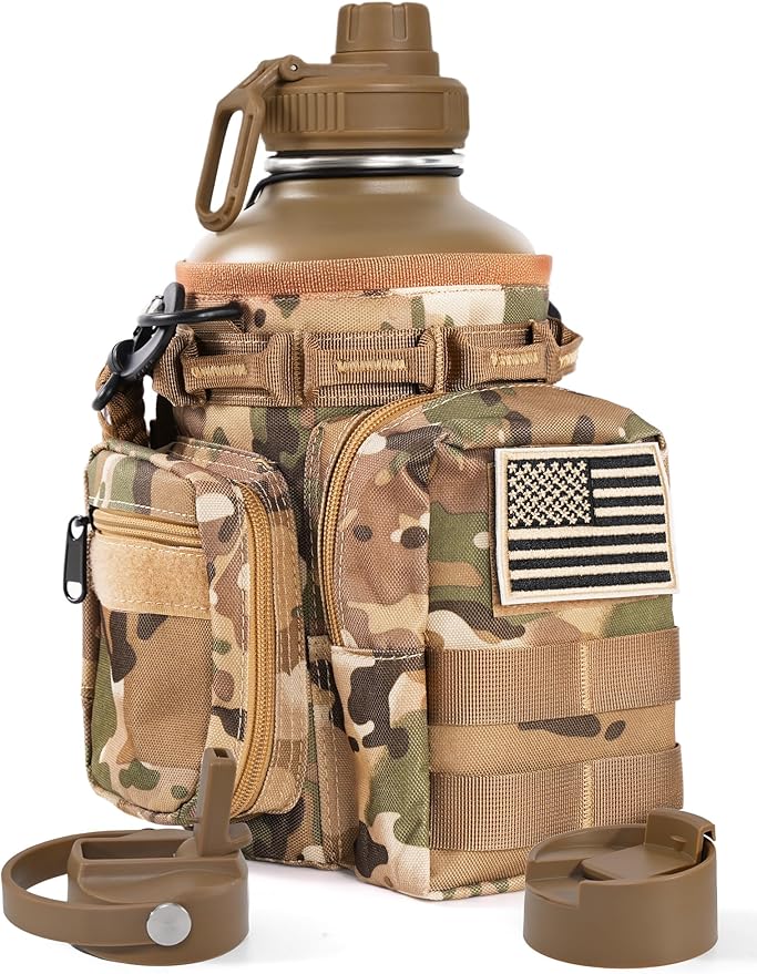 Tactical Half Gallon Water Bottle with Straw, 64 oz Insulated Water Jug with Molle Sleeve, Stainless Steel Sport Bottle with 3 BPA Free Lids for Gym Workout Hiking (Brown, 64OZ)