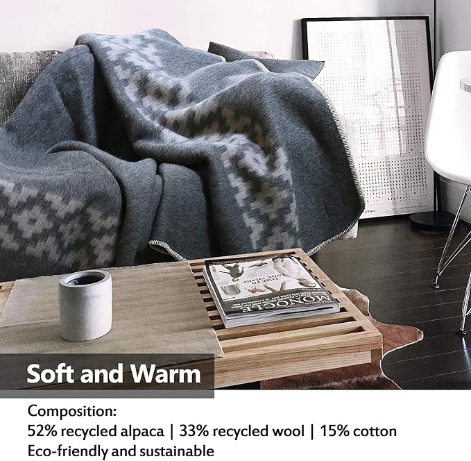 Thick Alpaca Wool Blanket Heavyweight Camping Outdoors Indoors Soft Peru Twin Size Ethnic Design (Navy Blue - Soft Gray Design, Twin Size)
