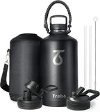 Trebo One Gallon Water Bottle Insulated with Paracord Handle,128oz Large Vacuum Double Wall Stainless Steel Insulated Jug with Straw Spout Handle Lids, Leakproof Keep Cold & Hot,Black