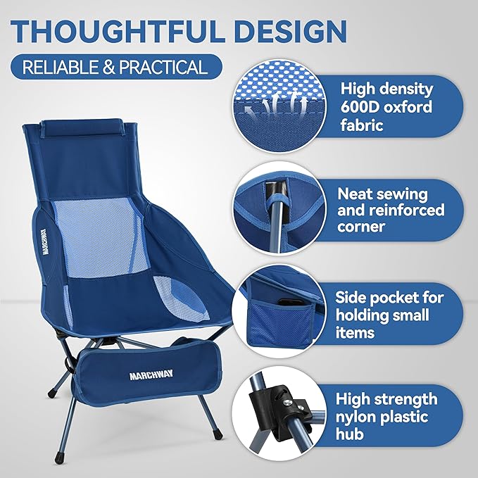 MARCHWAY Lightweight Folding High Back Camping Chair with Head Support, Stable Portable Compact for Outdoor Camp, Travel, Beach, Picnic, Festival, Hiking, Backpacking (Highback Dark Blue)
