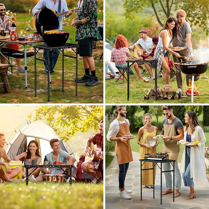 JiGiU Folding Grill Table with Mesh Desktop Lightweight & Portable Camping Table Outdoor Grill Tables Aluminum Alloy Foldable Grill Table 3 Height Adjustable for Camping Picnic Cooking BBQ