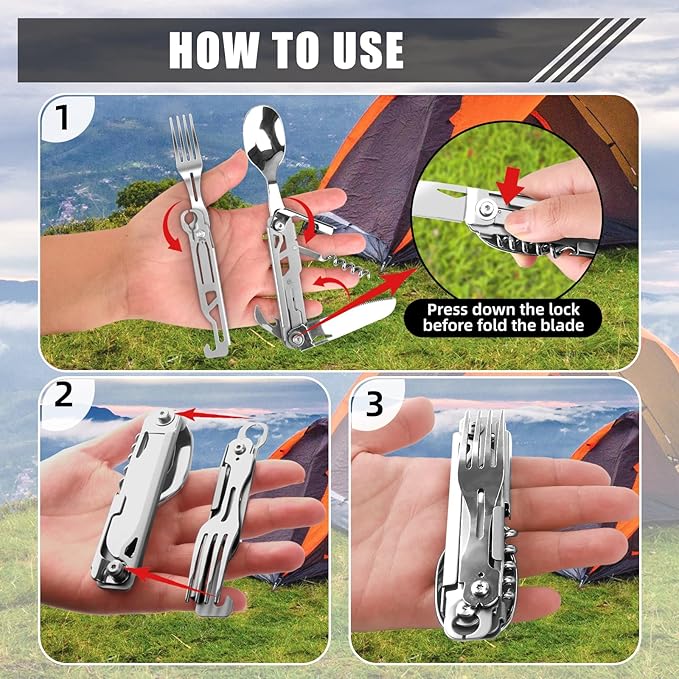 Portable 5-in-1 Camping Utensils - Detachable Travel Utensils Flatware Set - Compact Camping Multitool With Spoon, Fork, Knife, Bottle Opener - Great for Outdoor Adventures (Stainless Steel)