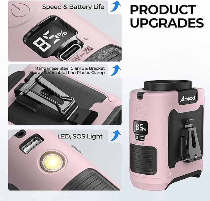 AMACOOL Portable Waist Fan Clip On, MAX 40H Work Time, 10000mAh Rechargeable Wearable Shirt Fan with Light, 16000RPM Powerful 5 Speed Belt Fans Personal Cooling Fans for Outdoor Jobsite Camping Travel