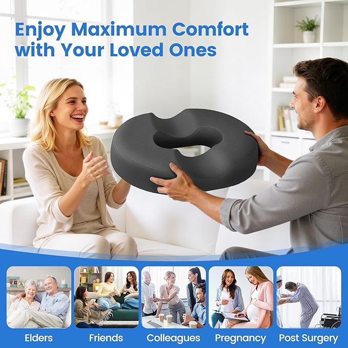 Donut Pillow for Tailbone Pain, Hemorrhoids - Cooling Gel Memory Foam Chair Seat Cushion for Office, Home & Wheelchair, Ergonomic Chair Pad for Pregnancy, Sciatica, Coccyx (XL, Grey)