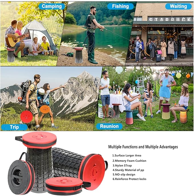 ALEVMOOM Upgraded 19.7" Portable Collapsible Folding Stool Retractable Telescoping Foldable Stool for Adults Heavy Duty Camping Sturdy with Max Load Capacity 1000lbs for Outdoor Fishing Hiking BBQ