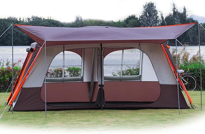 KTT Extra Large Tent 12 Person,Awning Family Cabin Tents,2 Rooms,3 Doors and 3 Windows with Mesh,Straight Wall,Waterproof,Double Layer,Big Tent for Outdoor,Picnic,Camping,Family Gathering