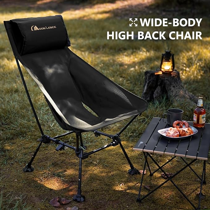 MOON LENCE Oversized Camping Chair for Adults, Height Adjustable High-Back Folding Camping Chair with 400 lbs Capacity, Hidden Pillow Pocket and Wide Seat for Camping, Hiking, Picnics, Black