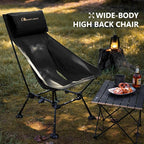 MOON LENCE Oversized Camping Chair with Pillow for Adults, Height Adjustable High-Back Folding Camping Chair with 400 lbs Capacity, Hidden Pillow Pocket for Camping, Hiking, Picnics, Black