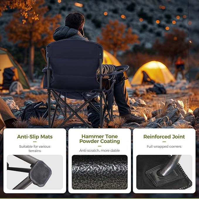 ALPHA CAMP Oversized Camping Chair Heavy Duty Lawn Chair with Cooler Bag Support 450 LBS Steel Frame Collapsible Padded Arm Quad Lumbar Back Folding Chair for Lawn Outdoor