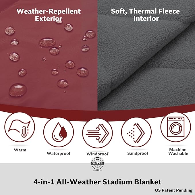 STOVER Waterproof Stadium Blanket – Portable Outdoor Camping Blanket for Travel, Picnics, or Sports – Warm, Windproof, Lightweight, and Packable (Summit Red)