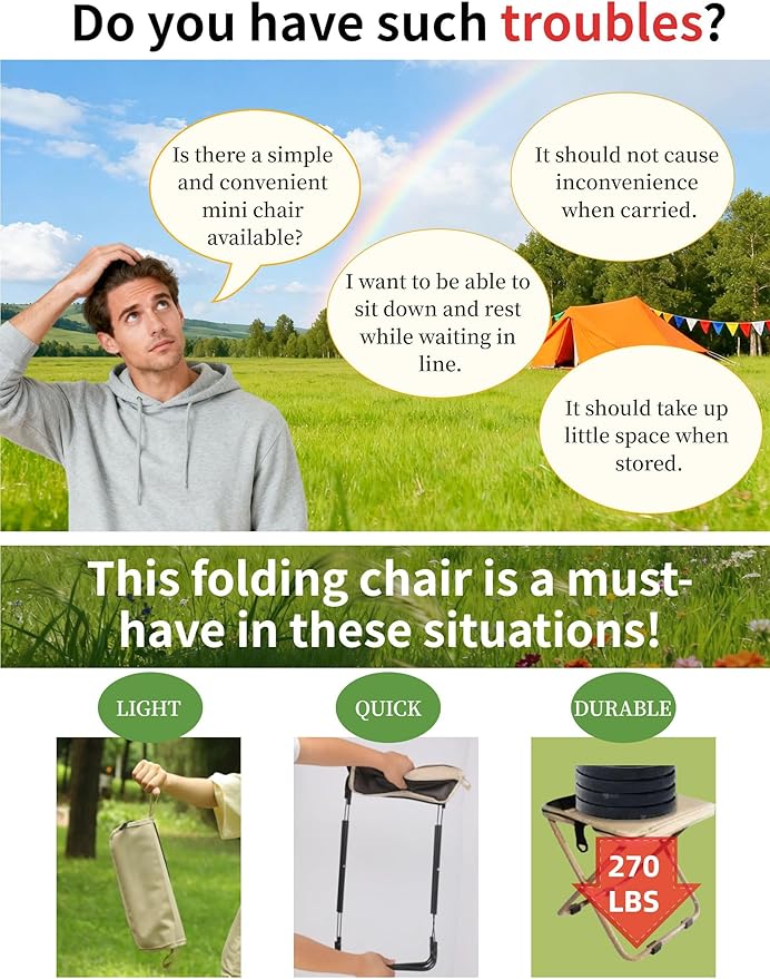 COMELY Portable Folding Chair for Outdoors: Heavy Duty Camping Stool for Adults, Compact Ultralight Collapsible Stools for Fishing Hiking Hunting & Backpacking, Khaki