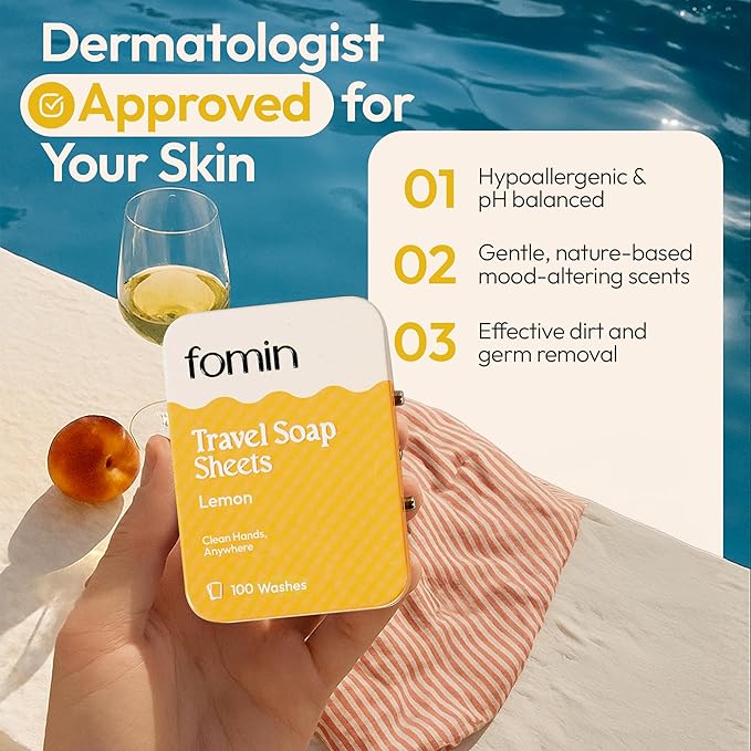 FOMIN - Antibacterial Paper Soap Sheets for Traveling - 100 Lemon Portable Hand Soap Sheets for Travel in Tin - Dissolvable Mini Portable Travel Soap Sheet for Hand Washing, Camping and Hiking