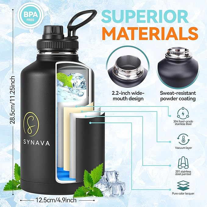 64oz Insulated Water Bottle with Bag - Half Gallon Tactical Water Bottle with Paracord Handle — Wide-Mouth BPA-Free Stainless Steel - Ideal for Hiking, Hunting, Sportsg & Travel