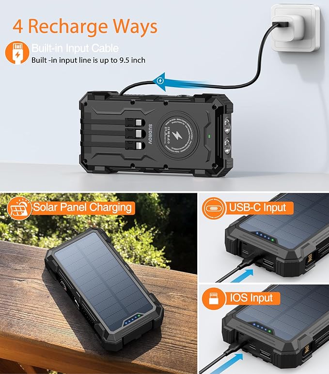 Solar Charger Power Bank, 42800mAh Wireless Portable Charger with USB-C in/Output, QC3.0 Fast Charging 15W 4 Ports Outdoor Battery Pack Built-in LED Flashlight, for iPhone, Galaxy, iPad etc