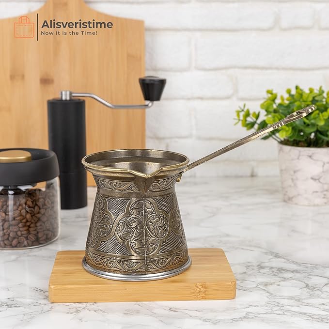 Alisveristime Authentic Turkish Coffee Pot, Handmade Cezve/Ibrik, 4-Inch Width, 4-Inch Height - 20.28 Ounce Enhance Your Coffee Experience Now! (6 Cup) (Antique Green)