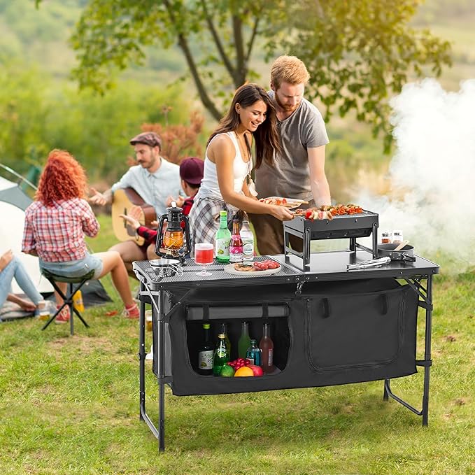 VEVOR Camping Kitchen Table, Folding Outdoor Cooking Table, 3 Adjustable Heights, Aluminum Lightweight Portable Cook Station with Storage Organizer, Carry Handle, for BBQ Party Picnic RV Travel, Black