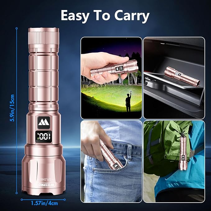 WdtPro LED Rechargeable Flashlight 2 Pack, Super Bright Zoomable 6000 Lumens Tactical Flashlight with LCD Digital Display, 3 Mode Waterproof Flash Light for Camping, Hunting & Home Emergency - Pink