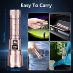 WdtPro LED Rechargeable Flashlight 2 Pack, Super Bright Zoomable 6000 Lumens Tactical Flashlight with LCD Digital Display, 3 Mode Waterproof Flash Light for Camping, Hunting & Home Emergency - Pink