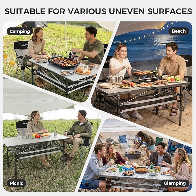 KingCamp Folding Camping Table, Aluminum Roll-Up Camp Table, Large Foldable Table for 6-8 Person, Outdoor Portable Tables with Carry Bag, 180 LBS Heavy Duty Load (Silver+Mesh：53.5" × 27.5")