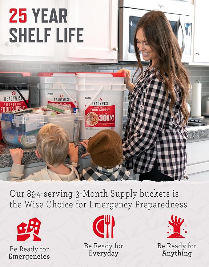 ReadyWise 3 Month Emergency Food Supply - 894 Servings, 6 Buckets, Freeze Dried Protein Meals, Disaster Survival Food Storage Kit, Ready to Eat, Camping Essentials, up to 25 Year Shelf Life